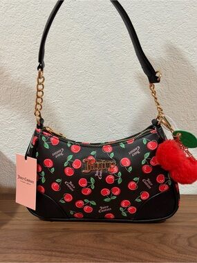 Juicy Couture Black Cherry Print Shoulder Bag with Gold Chain